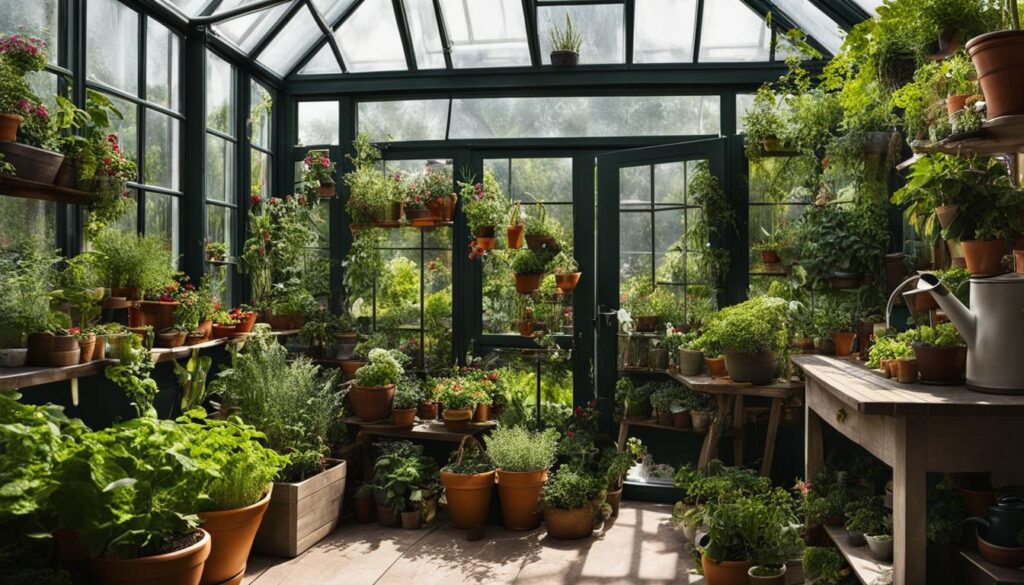 Ett litet växthus som blir som en trevlig oas med mycket växter